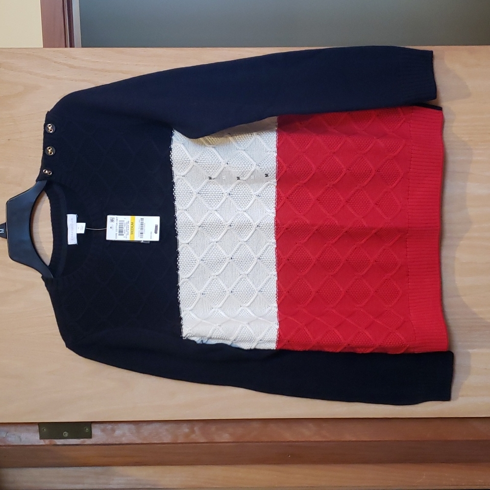 NWT, Charter Club, Black, Creme, Red Combo, Cotton Sweater, Women's Medium